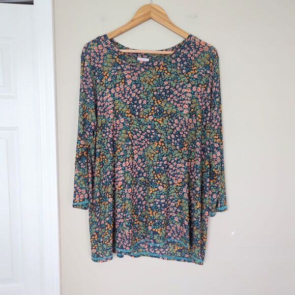 LOGO by Lori Goldstein Tops - LOGO Layers Lori Goldstein Blue Green Floral Mesh 3/4 Sleeve Top 1X  Plus